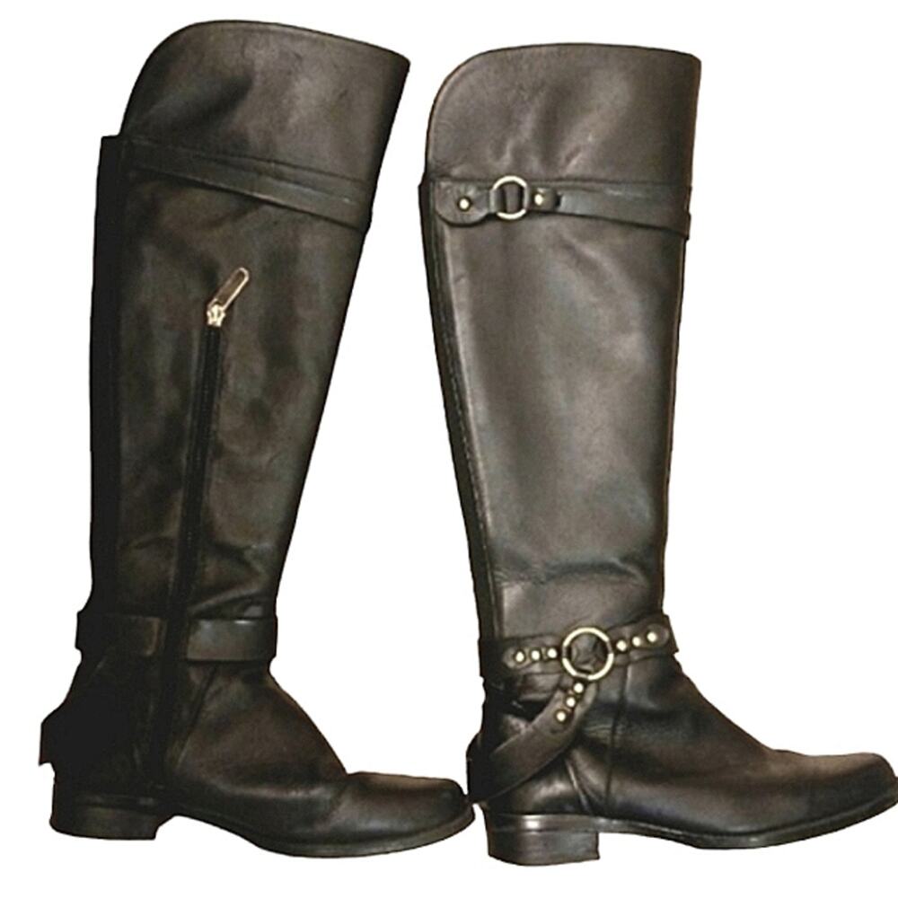 ELLEN TRACY Leather Riding Boots Sz 7.5 Black Bedford‎ Low Equestrian Knee High